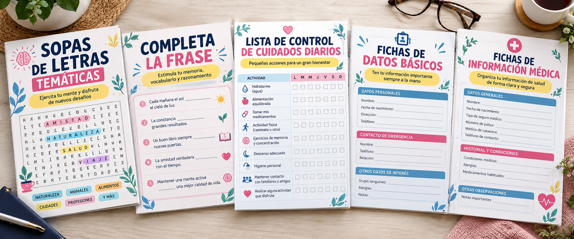Cinco materiales complementarios: sopas de letras, frases y fichas de organización