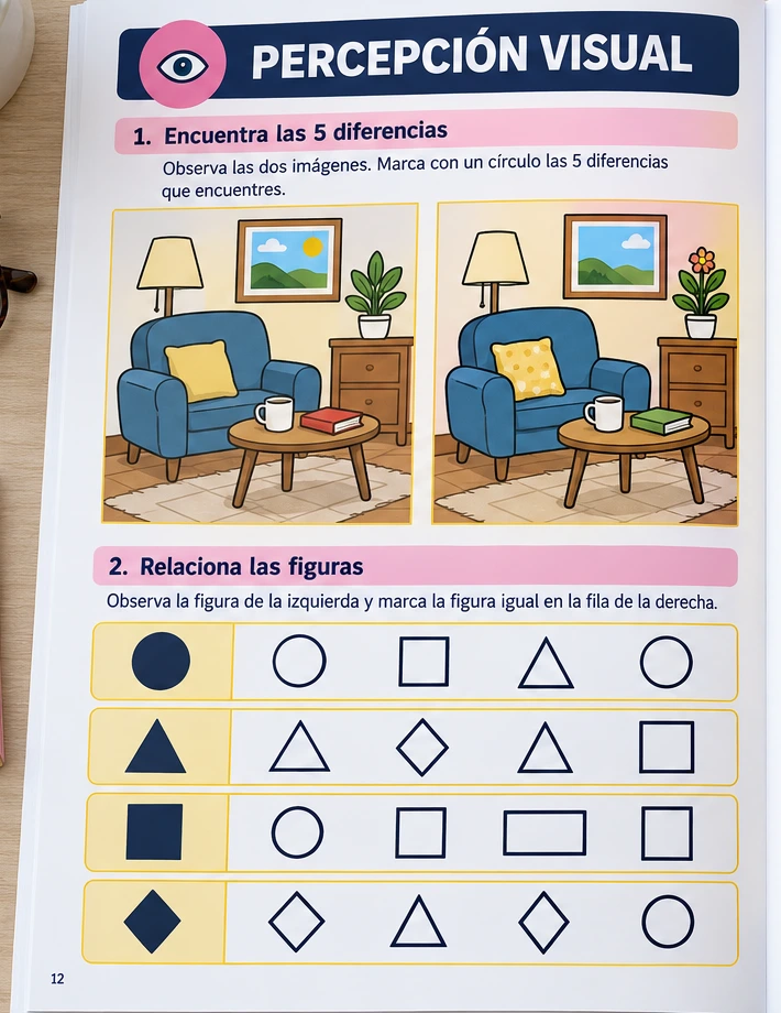 Vista de una hoja de ejercicios de percepción visual